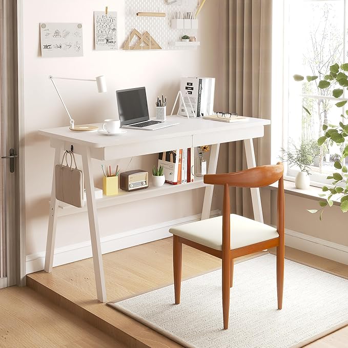 Solid Wood Desk with Drawers - 47.2 Inch Writing Desk with Drawers & Storage Shelf, Simple Modern Study Table, Home Office Computer Desks for Bedroom & Home, White Desks