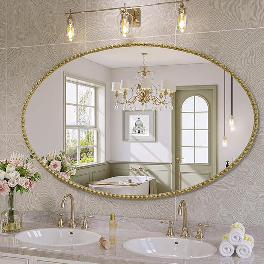 Gold Oval Bathroom Mirror, 48x30 Inch Floral Oval Mirrors for Wall, Antique Gold Metal Floral Frame Mirrors for Bedroom Living Room Hallway, Hangs Horizontally or Vertically