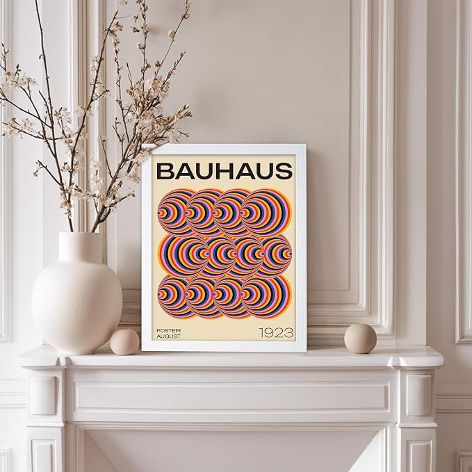 Poster Master Bauhaus Poster - Abstract Spiral Print - Geometric ART - Rainbow ART - Psychedelic Style - Chic Boho - Mid Century Modern - Living Room or Bedroom Decor - 8x10 White Framed