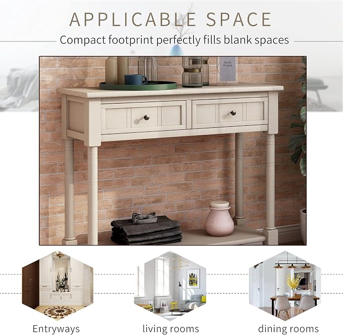 35.43” Entry Console Table with Drawers & Bottom Open Shelf, Solid Wood Sofa Couch Table for Entryway Living Room, Save Space, Retro Grey