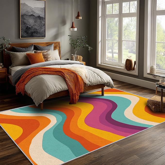 Retro 70s Area Rug 6x9, Mid Century Modern Abstract Wavy Carpet, Colorful Rainbow Swirl Rug for Living Room Bedroom Office, Non-Slip Washable Indoor Floor Mat