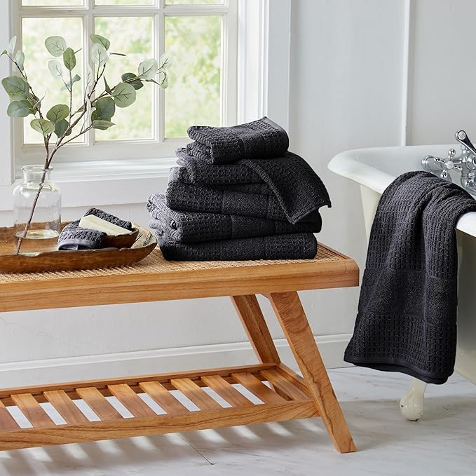 Market & Place 100% Cotton Super Soft Luxury Towel Set | Quick-Dry and Highly Absorbent | Waffle Textured | 550 GSM | 2 Bath Towels, 2 Hand Towels, & 2 Washcloths | Harper Collection (Black)