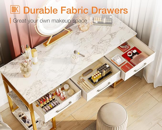 ODK Vanity Desk with 3 Fabric Drawers & Storage Shelves, Makeup Dressing Table, Home Office Desks for Bedroom, Small Modern Writing Desk for Girls Bedroom, White and Gold, 48"x16" (No Mirror)