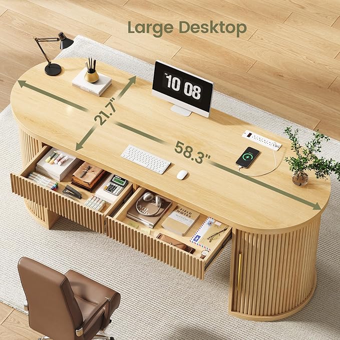 SEDETA Office Desk with 2 Drawers, 58.3" x 21.7" Fluted Computer Desk with 2 Sliding Doors Storage and Power Strip, Wood Executive Desk for Home Office, Light Oak