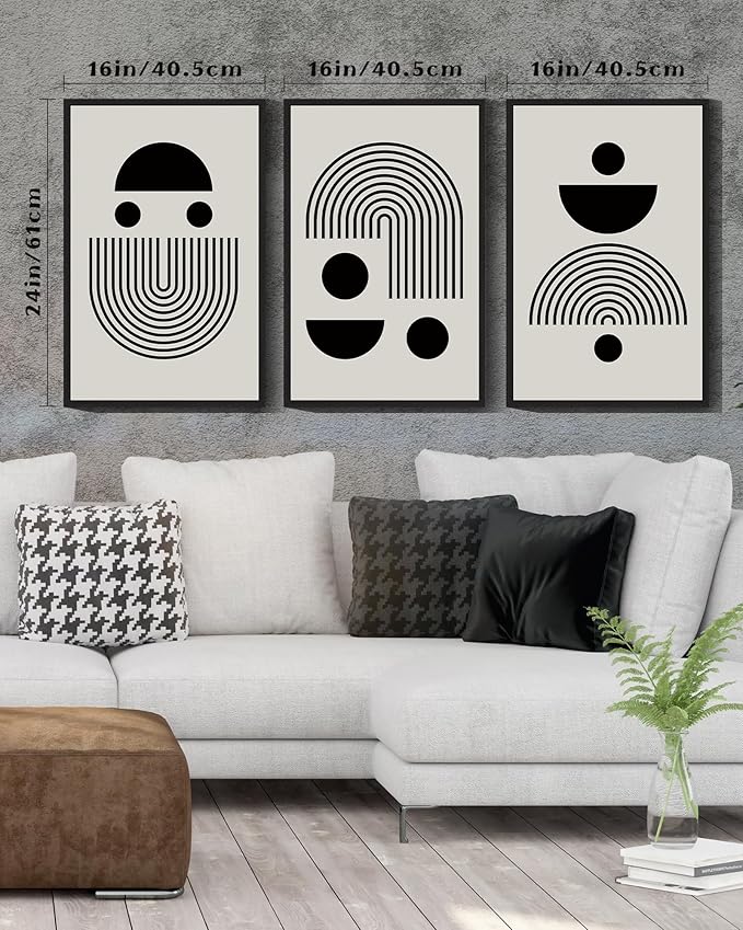 Drsoum Large 16x24in Black Abstract Framed Wall Art Decor Solid and Spiral Semi-Circles Geometric Shapes Drawings Modern Art Decorative Ready To Hang - Black Framed