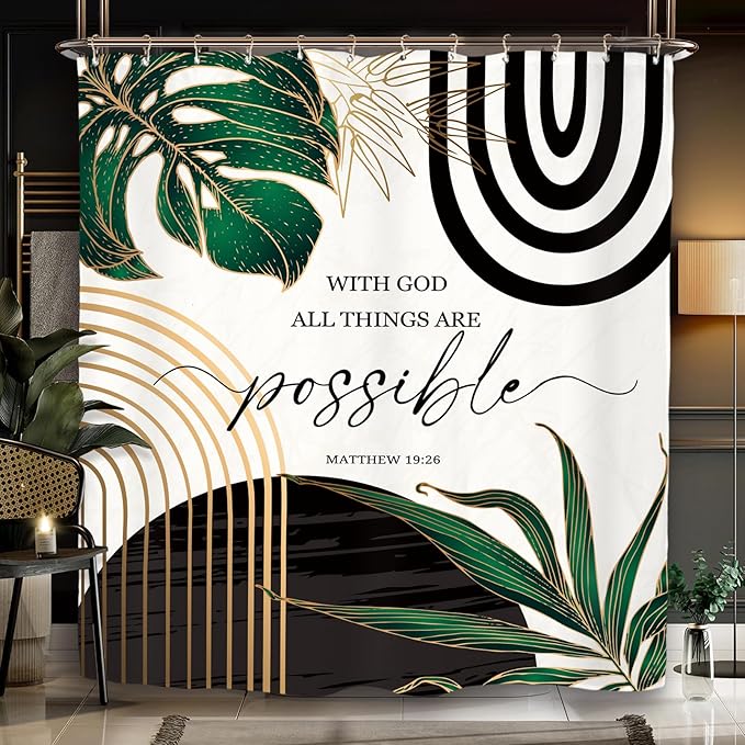 Miyotaa Abstract Emerald Green Shower Curtain Set 60Wx71H Inches Bible Christian Inspirational Motivational Minimalist Modern Tropical Leaves Contemporary Bathroom Curtain with 12 Hooks