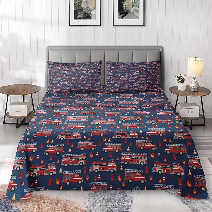 Pamnest Full Size Bed Sheet Sets, Fire Trucks Blue Soft Microfiber 4 Pcs Bedding Sets for Kids and Adults Bedroom Bed Decor, Red Car Vehicle Flat, Fitted Sheet and 2 Pillowcases