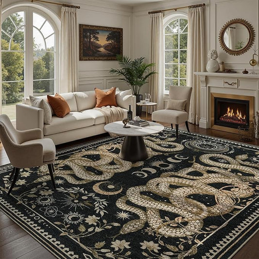 DCX Washable 8x10 Snake Rug, Black Gothic Rug for Living Room, Soft Low Pile Carpet, Kid & Pet Friendly with Rubber Back Non Slip, Stain Resistant Rug for Bedroom Dining Room Office