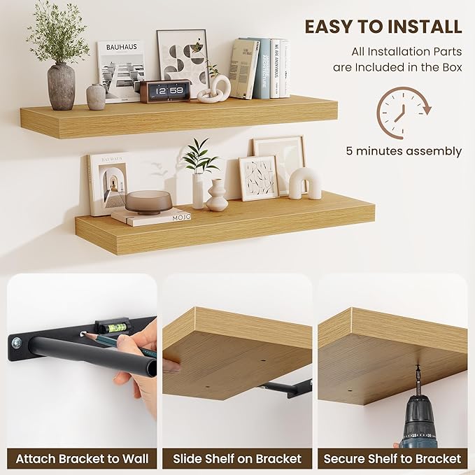 Fun Memories 24 Inch Floating Shelves Wall-Mounted, 12 Inch Deep Wall Shelves, 24 x 12 Floating Shelf, Deep Storage Shelf for Living Room Bathroom Bedroom, Oak, Set of 2