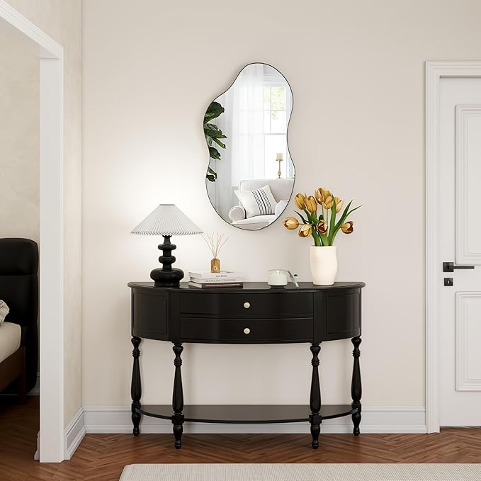 SHYFOY Asymmetrical Wall Mirror Decorative, 22"x43" Black Asymmetrical Mirrors with Metal Frame for Wall Decor, Wavy Wall Mirror for Living Room Abstract Mirror