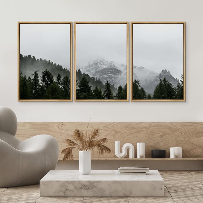 SIGNWIN 3 Piece Framed Canvas Wall Art Foggy Mountains Canvas Prints Home Artwork Decoration for Living Room,Bedroom - 16"x24"x3 Natural
