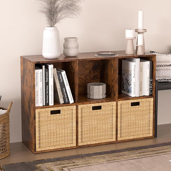 Wooden 6 Cube Storage Organizer with Closed Back Panel,Retro Brown Cube Shelf Cubby Storage Organizers with Compartments for Living,Bookshelf,Organizers Easy to Install (Retro Brown, 6 Cube)