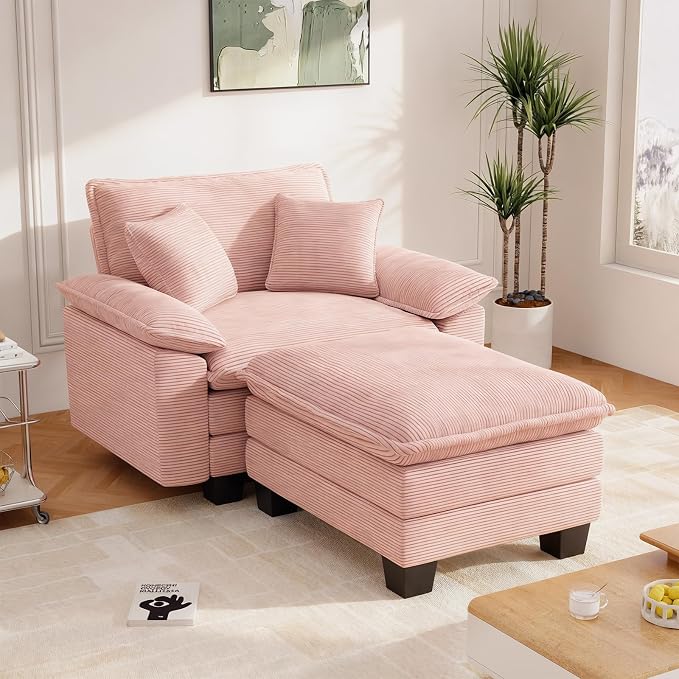 Chaise Lounge Chair Indoor, Oversized Accent Chairs with Ottoman, Luxury Corduroy Upholstered Deep Seat Sleeper Sofa Reading Chairs and A Half with Pillows for Living Room, Bedroom, Apartment, Pink
