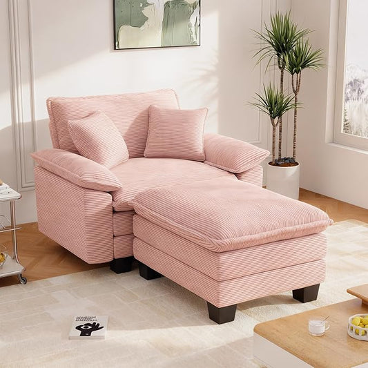 Chaise Lounge Chair Indoor, Oversized Accent Chairs with Ottoman, Luxury Corduroy Upholstered Deep Seat Sleeper Sofa Reading Chairs and A Half with Pillows for Living Room, Bedroom, Apartment, Pink
