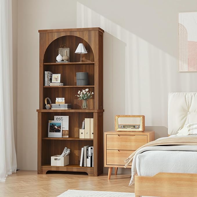 Janmer Home 71'' Tall Arched Bookshelf, Mid Century Modern Curved Bookcase with 5-Tier Storage Shelves, Freestanding Open Display Shelf for Home Office, Living Room (Walnut, 71inch-2PC)