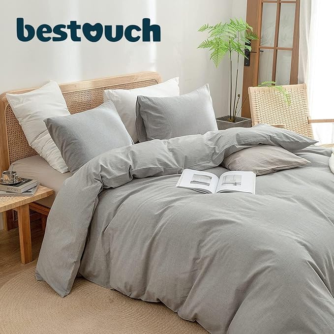 BESTOUCH Duvet Cover Set 100% Washed Cotton Linen Feel Super Soft Comfortable Chic Lightweight 3 PCs Home Bedding Set Solid Light Grey Alaska King