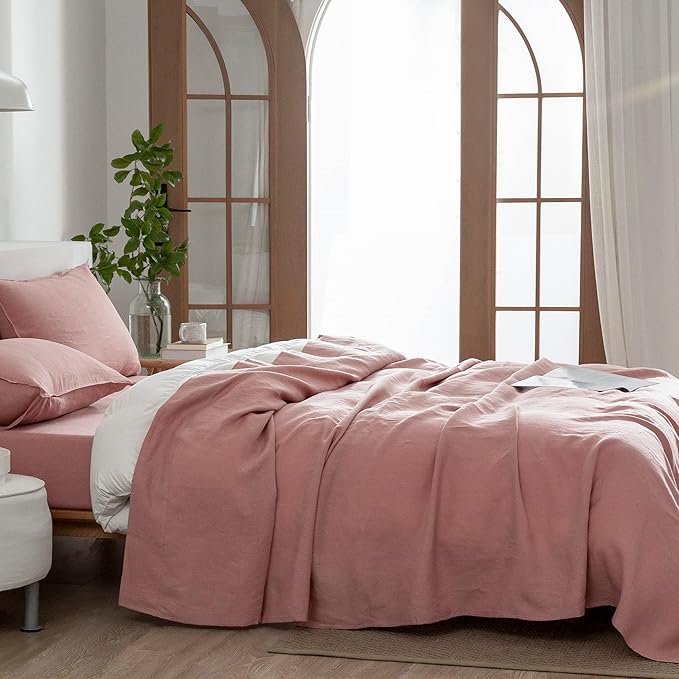 EVERLY Linen California King Sheets Set, 100% Stonewashed French Linen Bed Sheets Deep Pocket Sheets, 4 Pieces (1 Flat Sheet, 1 Fitted Sheet, 2 Pillowcases) Natural Flax Bedding Set-Pink