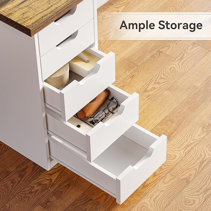 LITTLE TREE Computer Desk with 5 Drawers, 47 Inch Modern Simple Study Writing Desk with Metal Frame, Work Desk for Home Office, Rustic Brown and White