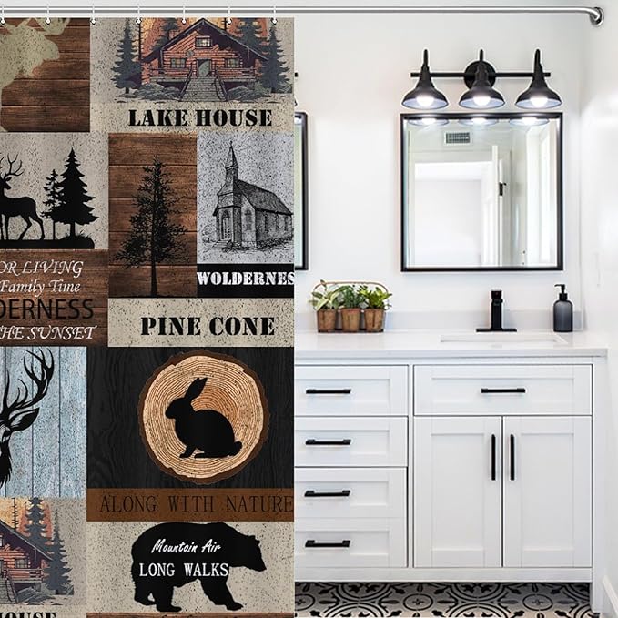 Rustic Cabin Shower Curtain Bear Deer Forest Wildlife Country Lodge Hunting Camping Animal Farmhouse Vintage Waterproof Shower Curtains for Bathroom Decor 12 Pack Hooks 72x72in (183x183cm