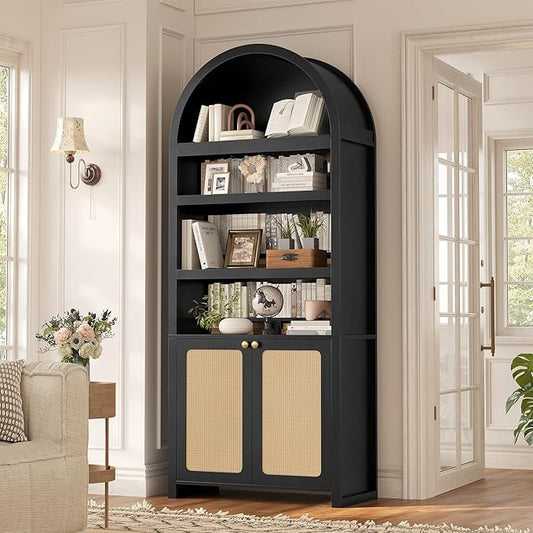 81" Tall Arched Cabinets,Bookcase with storage,Mid-Century Modern 6-Tier Bookshelf with Door,2 Book Risers and Adjustable Shelves offering more storage space for Living Room,Home Office,Black+Oak