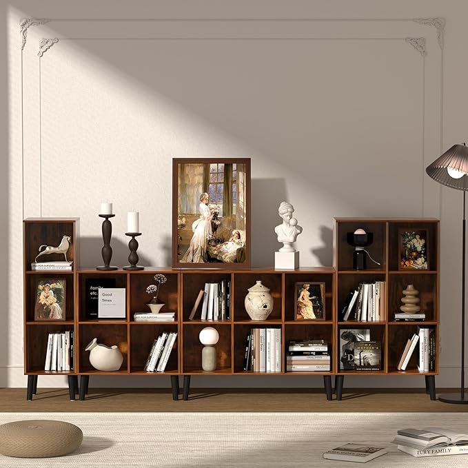 4 Cube Storage Organizer with Legs, 2 Tier Cube Low Bookcase Freestanding Storage Display Organizer for Home Office, Four-Cubes Open Shelf Bookshelf (Retro Brown, 4 Cube)