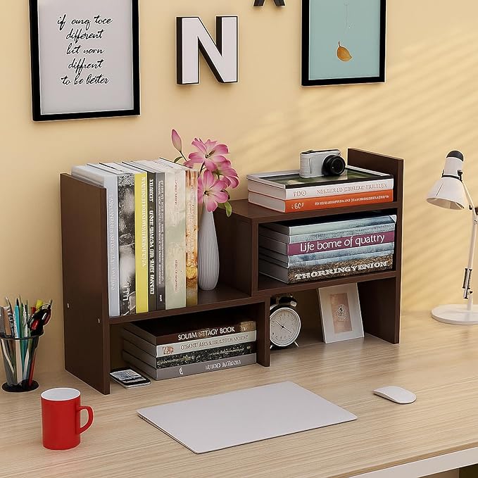 Desktop Shelf Organizer, Adjustable Wood Office Storage Rack, Counter Display Small Bookshelf for Home/Office/School(Dark Walnut)
