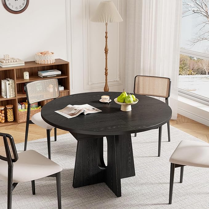 59-Inch Extendable Dining Table for 4-6 People, Modern Kitchen Oval Dinner Table with Storage Shelf and Cross Pedestal for Dining Room, Living Room, Black