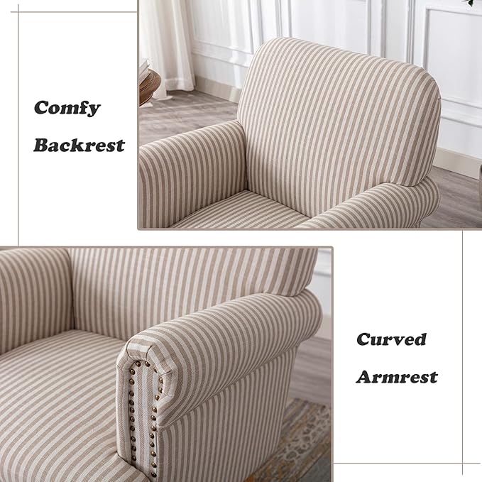 Linen Accent Chair Mid-Century Modern Living Room Armchair with Nailhead Trim & Wood Legs Comfy Upholstered Single Sofa Chair for Lounge/Bedroom/Reception, Khaki Stripe