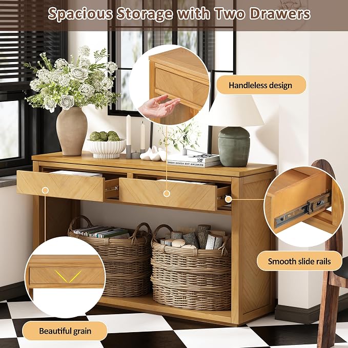 Wood Console Table, 55" Retro Narrow Long Sofa Table Behind Couch with Storage Drawers and Open Shelf for Hallway Entryway Living Room Entrance, Natural