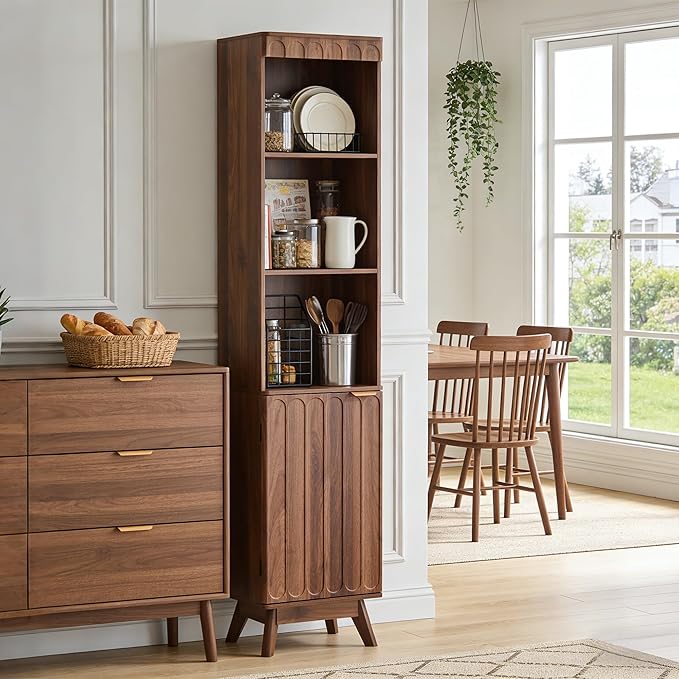 Tall Narrow Bookshelf with Door, Mid Century Modern Bookcase, 71" Slim Storage Cabinet with Adjustable Shelves, Modern Open Display Storage Organizer for Living Room Bathroom Office, Walnut