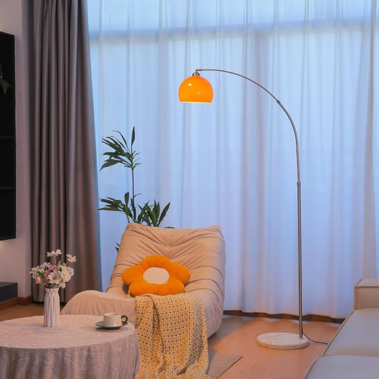 Orange Arc Floor Lamp, Mid Century Modern Arched Floor Lamp with Orange Glass Shade, Adjustable Height & Reach, Brushed Nickel Stainless Steel, White Marble Base Standing Lamp for Living Room Bedroom