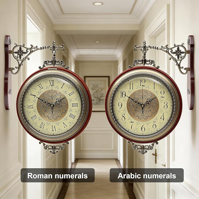 Large Vintage Double Sided Wall Clock with Glass & Copper Finish, Zinc Alloy & Solid Wood, Silent Battery Operated, Roman/Arabic Numerals for Living Room Office Decor (15.35x20.08 Inch)