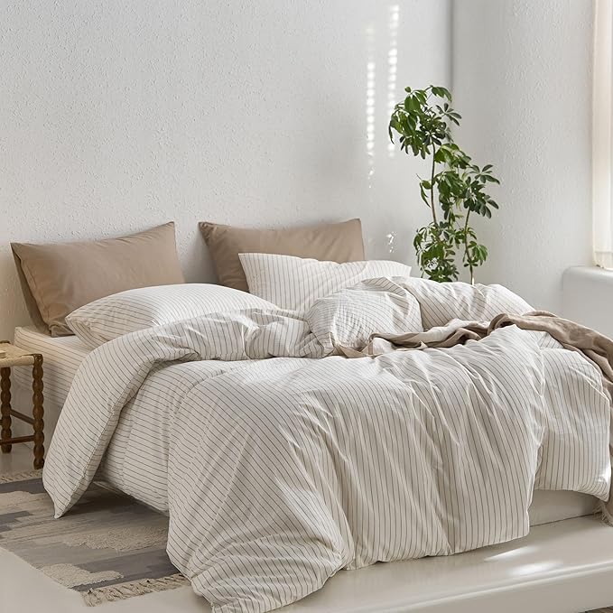 MooMee Striped Duvet Cover Set 100% Washed Cotton Linen Like Textured Breathable Durable Soft Comfy (White Tannish Linen Grey Wide Stripes, Super Queen 90"x98")