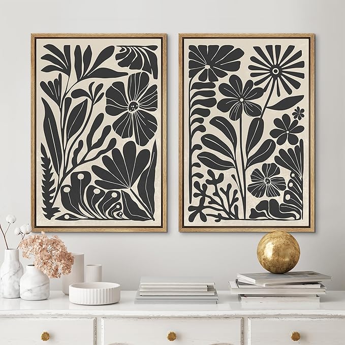 MUDECOR Framed Canvas Wall Art Abstract Floral Botanical Prints Minimalist Boho Wall Decor for Bedroom - 24"x36"x2 Natural