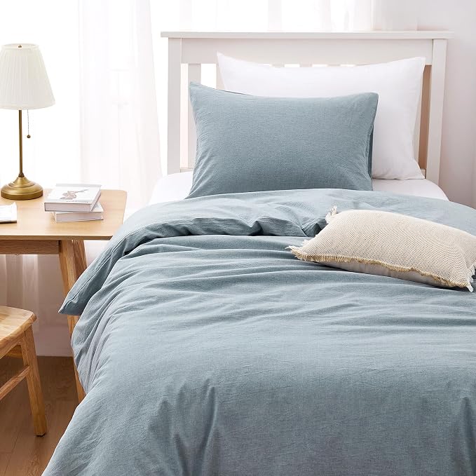 Wake In Cloud - Cotton Duvet Cover Set, 100% Washed Cotton, Linen Like Textured, Breathable Durable Comfy Farmhouse Neutral Bedding Set, 3 Pieces, Light Denim Blue, Twin/Twin XL Size