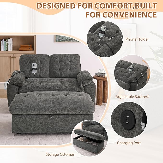Oversized Chaise Lounge Chair Indoor, Double Convertible Recliner Reading Arm Sofa Chair W/Adjustable Backrest & Charging Port Couch Bed for Living Room, Home Theater & Bedroom, Grey