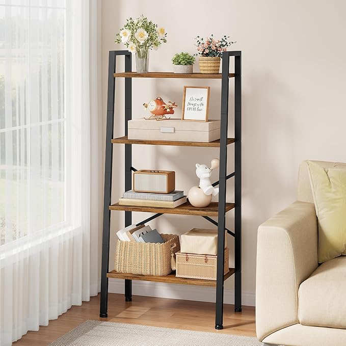 Hoctieon 4-Tier Industrial Ladder Bookshelf, Narrow Ladder Shelf, Tall Standing Bookshelf, Skinny Open Ladder Shelf, for Living Room, Home Office, Kitchen, Bedroom, Metal Frame, Rustic Brown