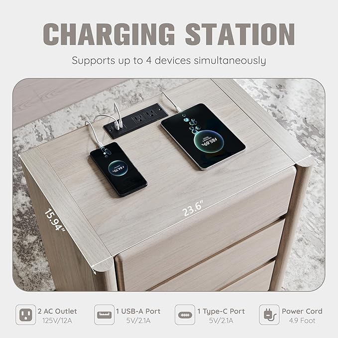 25" Tall Modern Nightstand with Charging Station, 23.6" W Nightstand with 3 Storage Drawers & Open Shelf, Wood Night Stand w/Rounded Corner Design for Bedroom, Living Room (Cream)