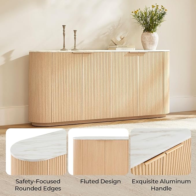 CHITA 70" Sideboard Buffet Cabinet with Storage, Fluted Cabinet with Doors and Adjustable Shelves, Natural Oak - Faux Marble