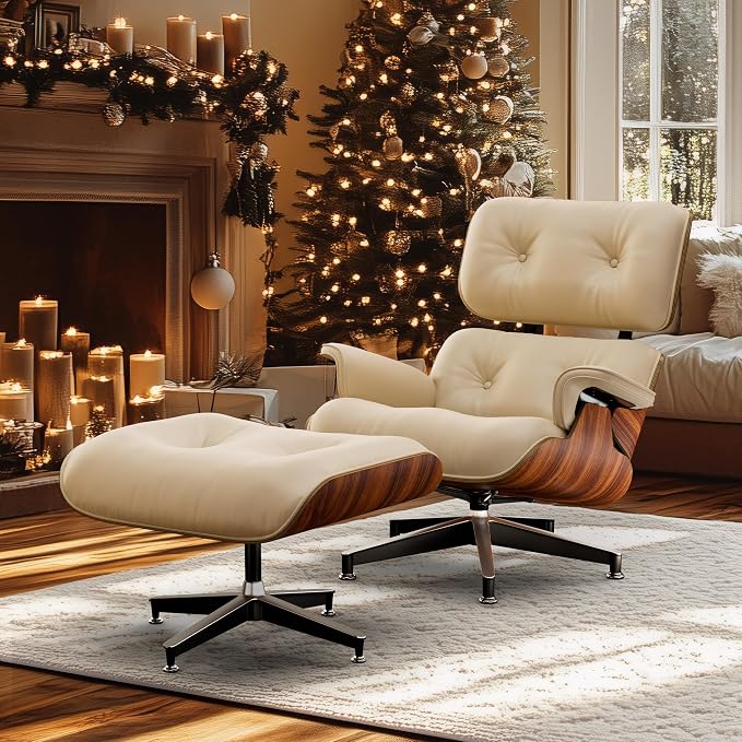 Top White Grain Leather, Mid Century Chaise Lounge Chair and Ottoman, Modern Chair Classic Design, Palisander Wood, Heavy Duty Base Support for Living Room Office