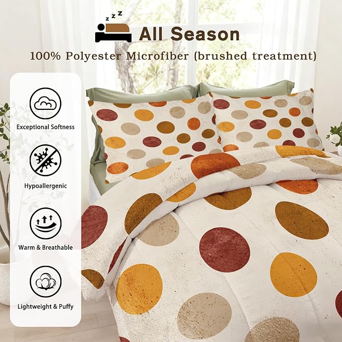 Polka Dot Queen Size Comforter Sets 3 Piece, Retro Geometric Printed Pattern, Soft All Season Bed Comforter & 2 Pillow Sham, Polka Dots Bedroom Decor Reversible Bedding D-GM9
