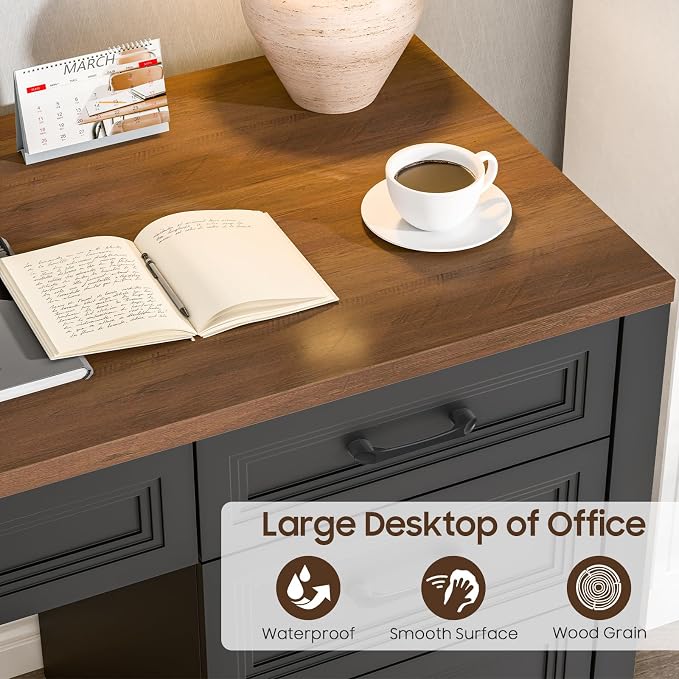 Vabches Farmhouse Executive Desk with Storage and Ample File Drawer, Rustic Large Home Writing Desk for Bedroom, Dark Brown