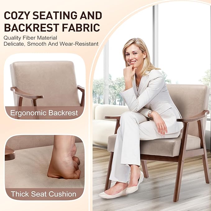 Furnimart Accent Chairs Set of 2, Mid-Century Modern Chair Reading Chairs with Extra-Thick Backrest, Wooden Armchairs for Living Room, Bedroom, Waiting Room, Beige Fabric
