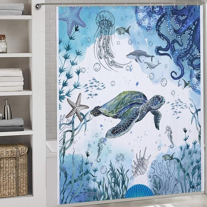 Sea Turtle Shower Curtain,Nautical Blue Teal Ocean Fish Underwater Animal Seashell Jellyfish Coastal Theme Bathroom Curtain Waterproof Fabric Machine Washable with Hooks,72x84Inch