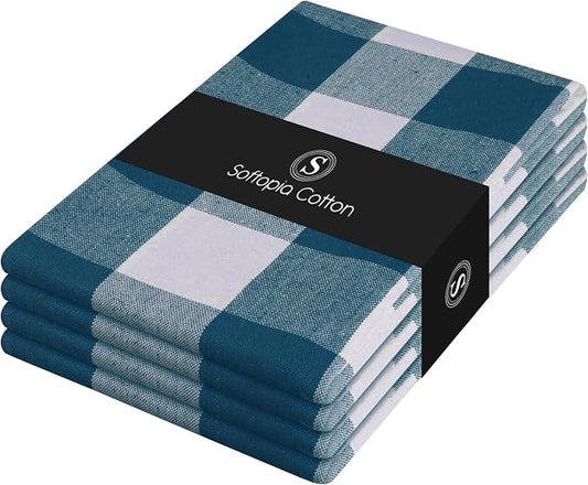 Teal Buffalo Check Plaid Kitchen Towels, 4 Pack, 100% Cotton, 16x26 Inches, Super Absorbent, Quick Dry, Soft, Dish Drying & Cleaning Towels with Hanging Loop, Teal Green and White
