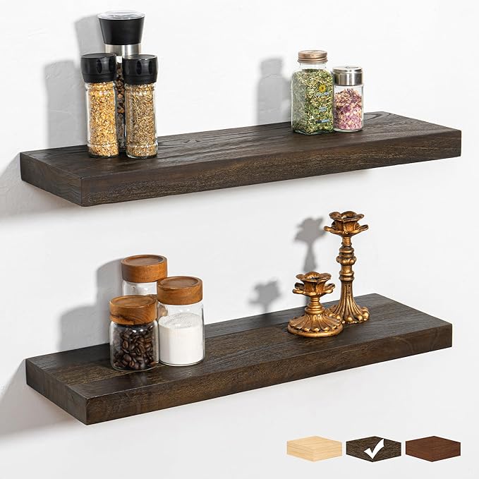 RICHFOCUS Rustic Wooden Floating Shelves for Wall - 24 Inch Wood Shelves Set of 2-7.9 Inch Deep Solid Paulownia Wood Wall Mounted Shelves with Upgraded Metal Brackets for Room Decor, Walnut