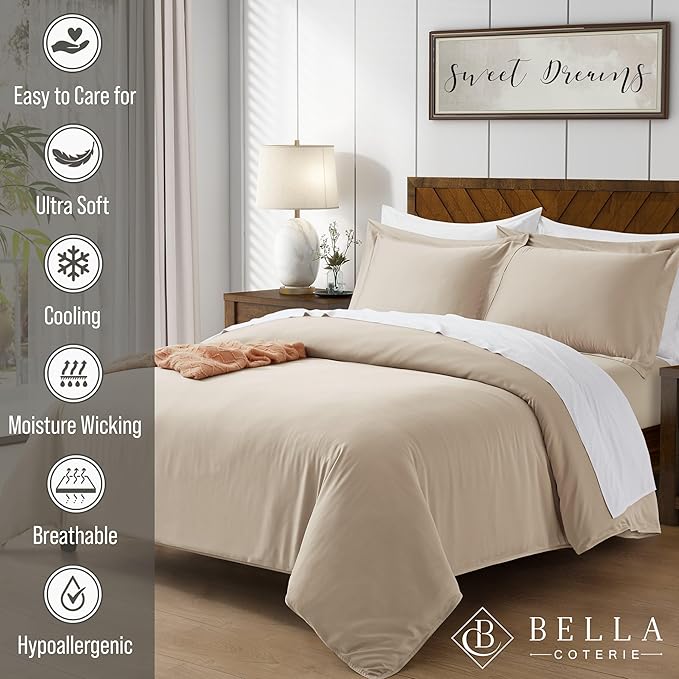 Bella Coterie Luxury Bamboo Viscose California King Size Duvet Cover Set | 100% Organically Grown | Corner Ties | Ultra Soft | Cooling | Two Pillow Shams | 106 x 94 | No Insert [Dune]