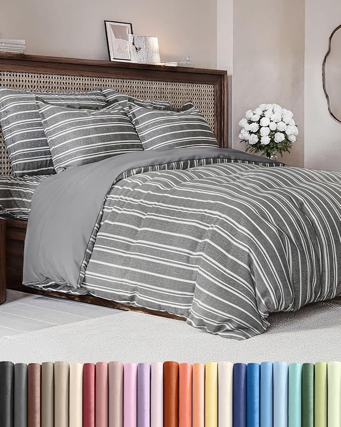 Duvet Cover Cal King Size - Extra Soft Cal King Size Duvet Cover - Lightweight, Breathable & Fade Free with Zipper Closures and Ties - 104" x 98" Inches - (Grey Stripes 3) Comforter Not Included