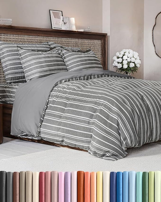 Duvet Cover Queen Size - Extra Soft Queen Size Duvet Cover - Lightweight, Breathable, Easy Care & Fade Free w/Zipper Closures & Ties - 90" x 90" Inches - (Grey Stripes 3) Comforter Not Included
