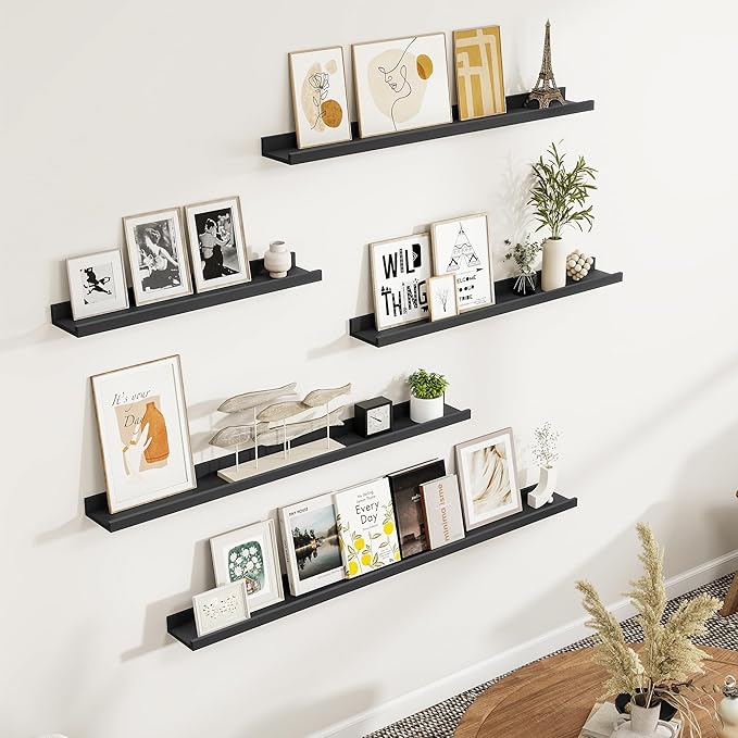 Fun Memories Picture Ledge Shelf, Black Floating Shelves Set of 4, 40 Inch Picture Shelves for Wall with Ledge, Large Nursery Book Shelf for Toys Storage, Living Room, Bedroom Decor Frames